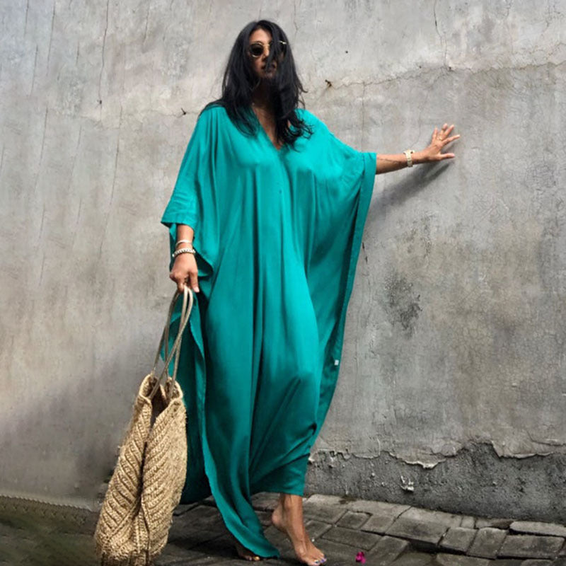 Rayon Solid Color Blouse Seaside Vacation Dress Loose Overclothes Bikini Swimsuit Robe Outer Wear Women EvenStar