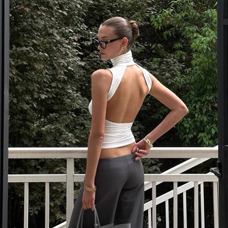 Ropa de mujer Verano Elegante Sin Mangas Color Sólido Cuello Alto Sin Espalda Top