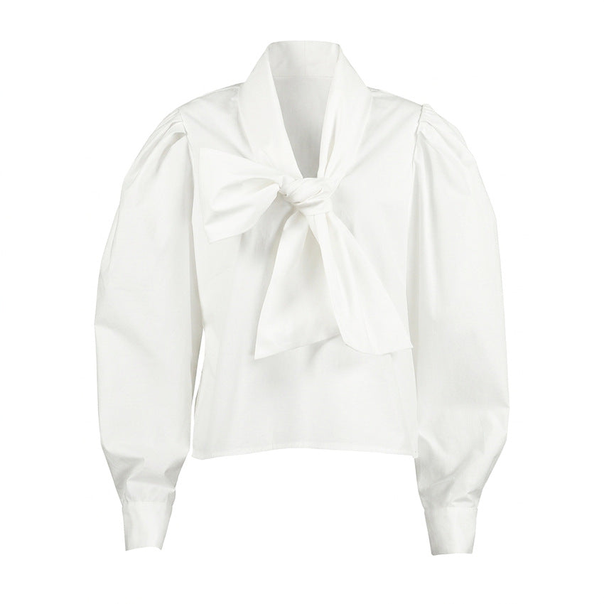 Fall Pure Cotton Shirt Women Bow Bandage Loose Casual Long Sleeves All Matching Women Wear FOREVEREIGHTEEN