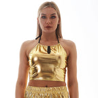 Women Clothing Series Neck Tube Top Sexy Backless Metal Patent Leather Sling Sexy Slim Vest Universe