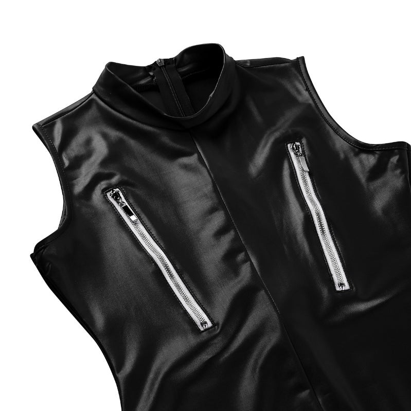 Sexy Zipper Patent Leather Sleeveless Sexy Suit