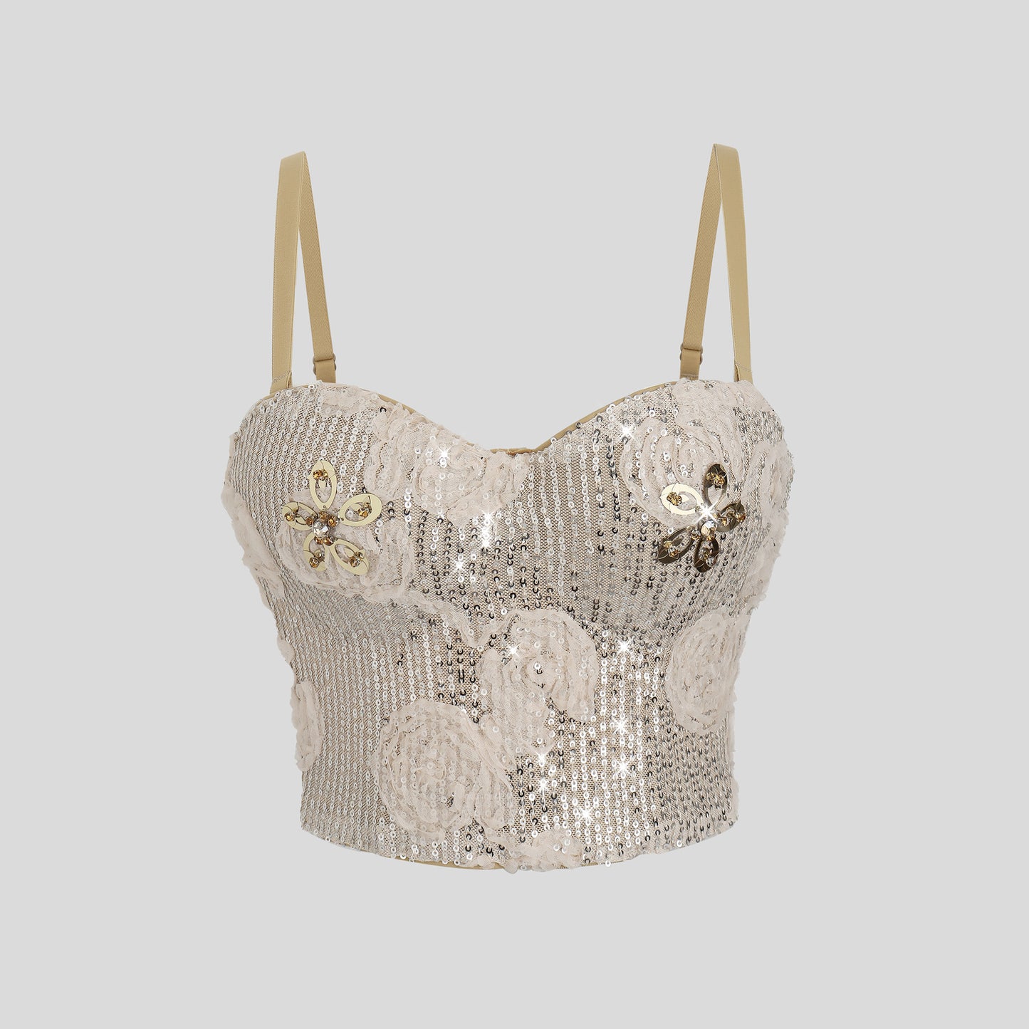 Corset à bretelles fines et baleines, taille haute, style français, orné de sequins floraux 3D et à bretelles fines.