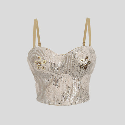 Corset à bretelles fines et baleines, taille haute, style français, orné de sequins floraux 3D et à bretelles fines.
