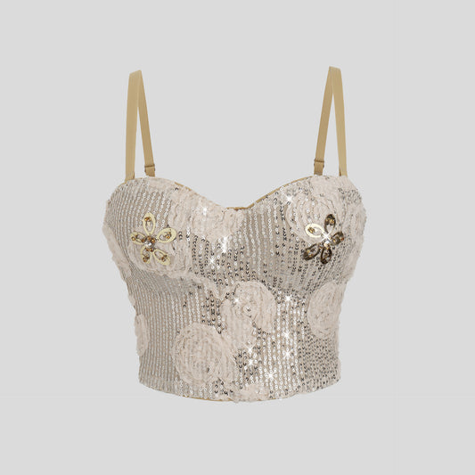 Corsé de cintura alta francés con estampado floral tridimensional, estilo petite, súper sexy, con varillas