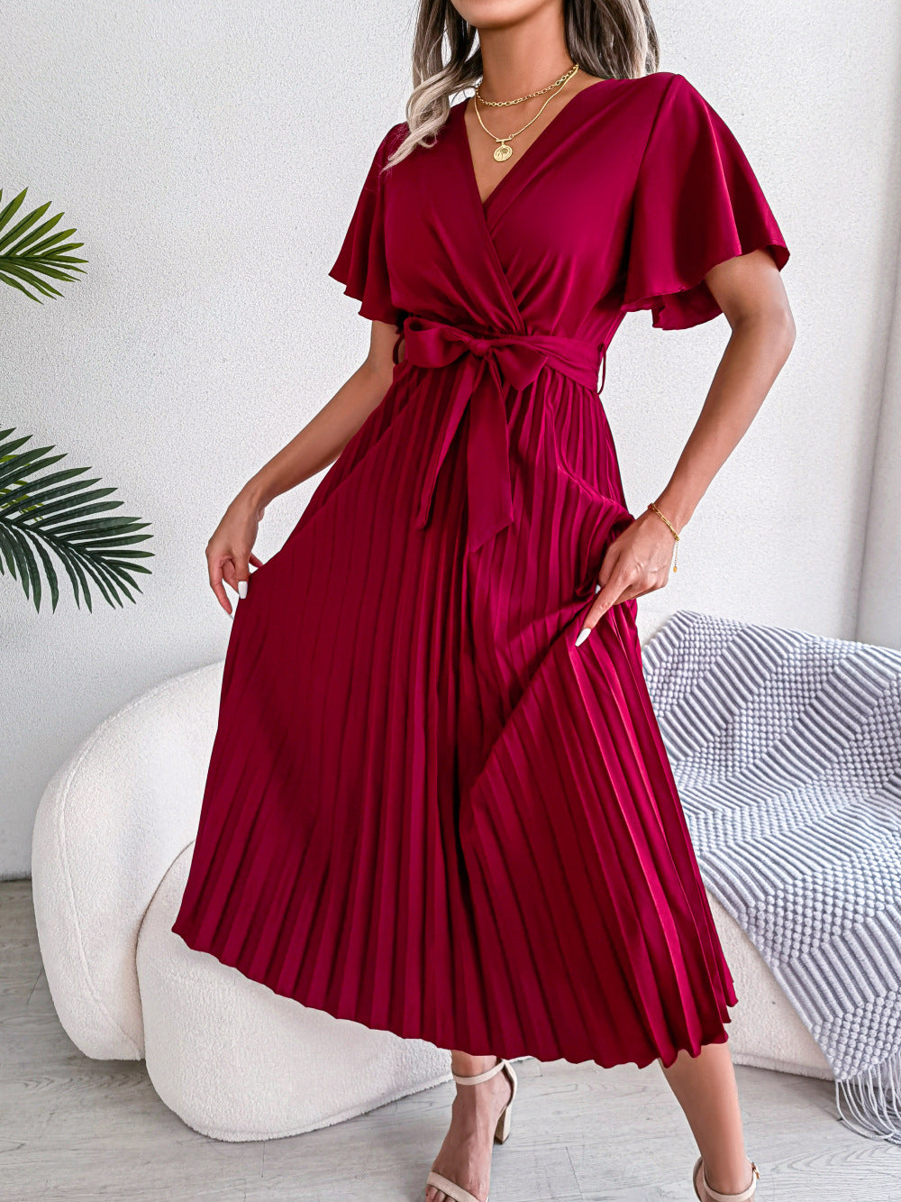 Spring Summer Elegant Criss Cross V-neck Swing Pleated Dress Women Clothing BAGIISA