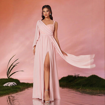 One Shoulder Dress Long Design Evening Dress Slit Slim Fit Drape Dress Adult Formal Dress