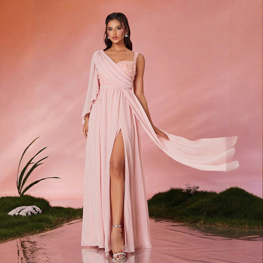 One Shoulder Dress Long Design Evening Dress Slit Slim Fit Drape Dress Adult Formal Dress