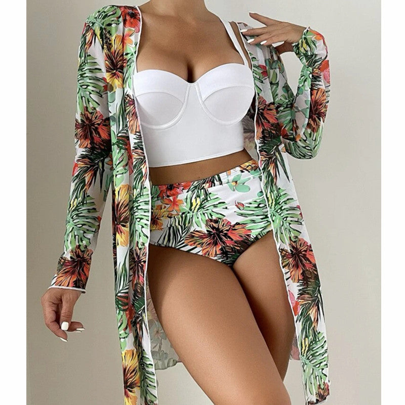 Maillot de bain trois pièces sexy en maille pour femme, push-up, fendu, imprimé