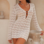 Robe de plage sexy à manches longues et perles, tenue de vacances courte, ajourée, découpée, texture, chemisier, robe hanche