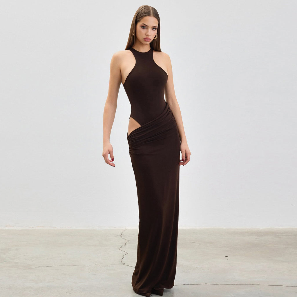 French Elegant Women Halter Dress Women Retro Cropped Outfit Hollow Out Cutout out Patchwork Maxi Dress LingSharp