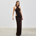 French Elegant Women Halter Dress Women Retro Cropped Outfit Hollow Out Cutout out Patchwork Maxi Dress LingSharp