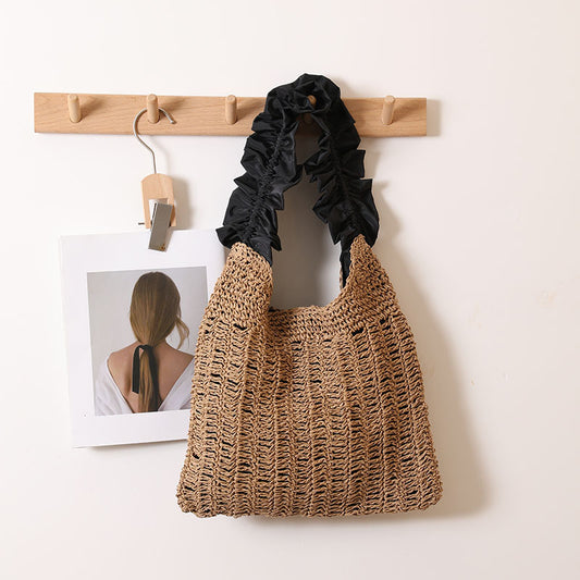 Bolso de paja con encaje de hongo de árbol, bolso tejido de color liso, bolso de playa para vacaciones en la playa, bolso de hombro de interés especial 