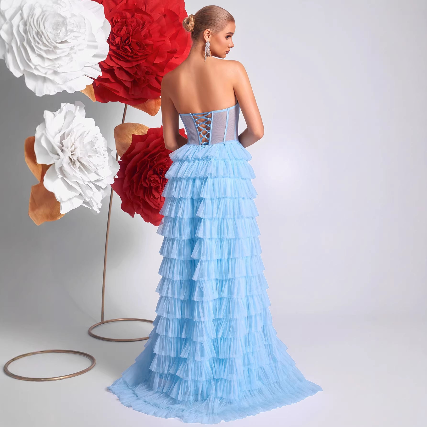 Ice Blue Strapless Evening Dress Three Dimensional Multi Layer Mesh Design See through Waist Split Cocktail Dress Ladys