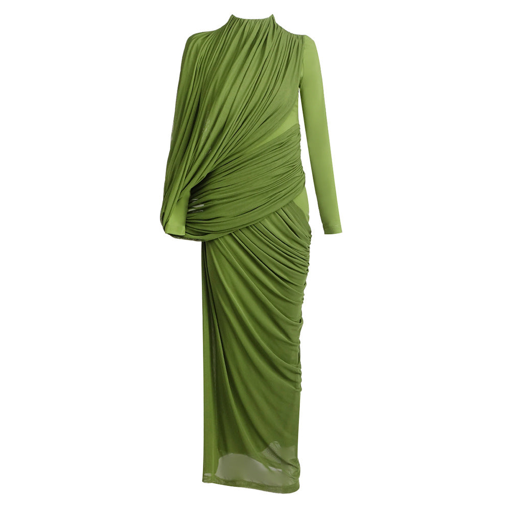 Dress Winter round Neck Green Pleated Long Sleeve Sight