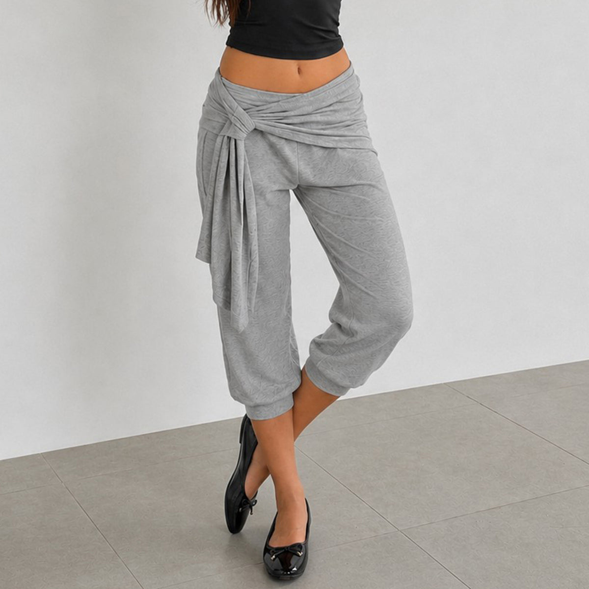 Casual Sports Solid Color Waist Lace up Stitching Low Waist Mid Length Pants Women Loose Summer Ankle Banded Pants LingSharp