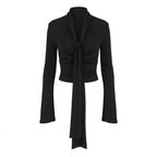 Sexy Low Cut Knitted T shirt Women Autumn Cross Tied Long Sleeves Slim Fit Slim Sexy Top FOREVEREIGHTEEN