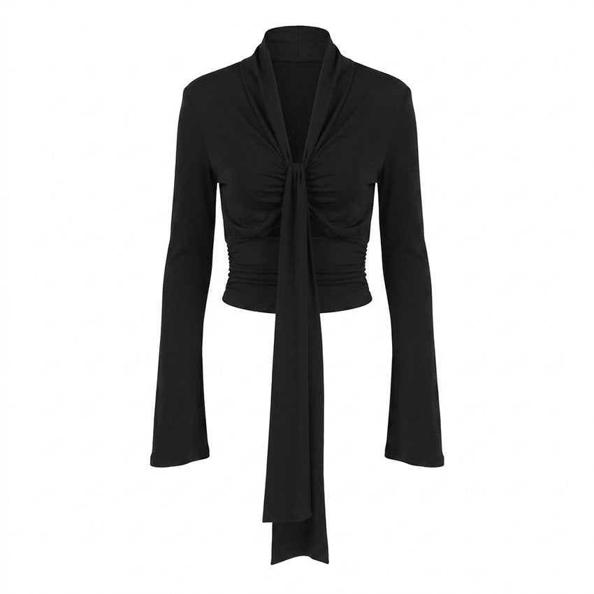 Sexy Low Cut Knitted T shirt Women Autumn Cross Tied Long Sleeves Slim Fit Slim Sexy Top FOREVEREIGHTEEN