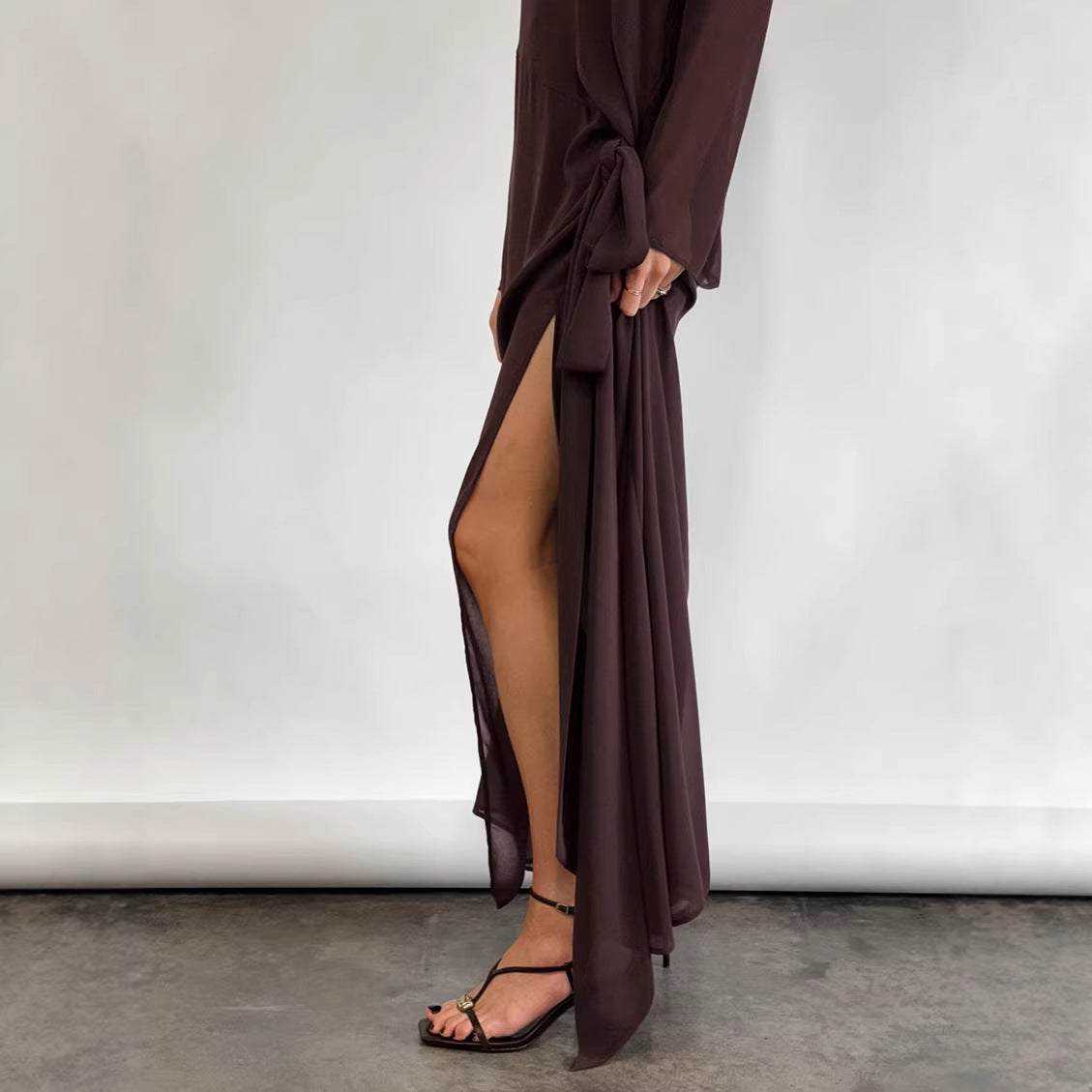 Spring Summer Arrival Mesh See through round Neck Long Sleeve Lace up Bow Split Dress Women FOREVEREIGHTEEN