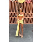 Solid Color Lace Tube Top Strap Sexy Backless Low Waist Briefs Bikini Split Swimsuit for Women Thunder