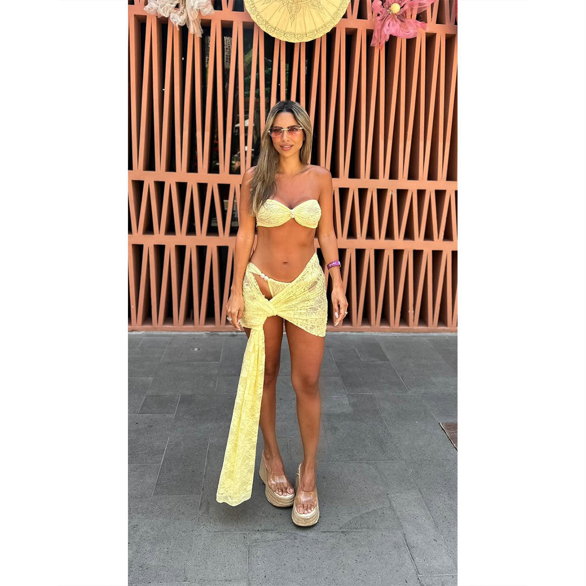 Solid Color Lace Tube Top Strap Sexy Backless Low Waist Briefs Bikini Split Swimsuit for Women Thunder