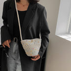 Crossbody Straw Bag Cotton Thread Woven Bag Mobile Phone Change Key Case Hollow Out Cutout Cotton Thread Woven Bag Casual Cute Women EaseWoven