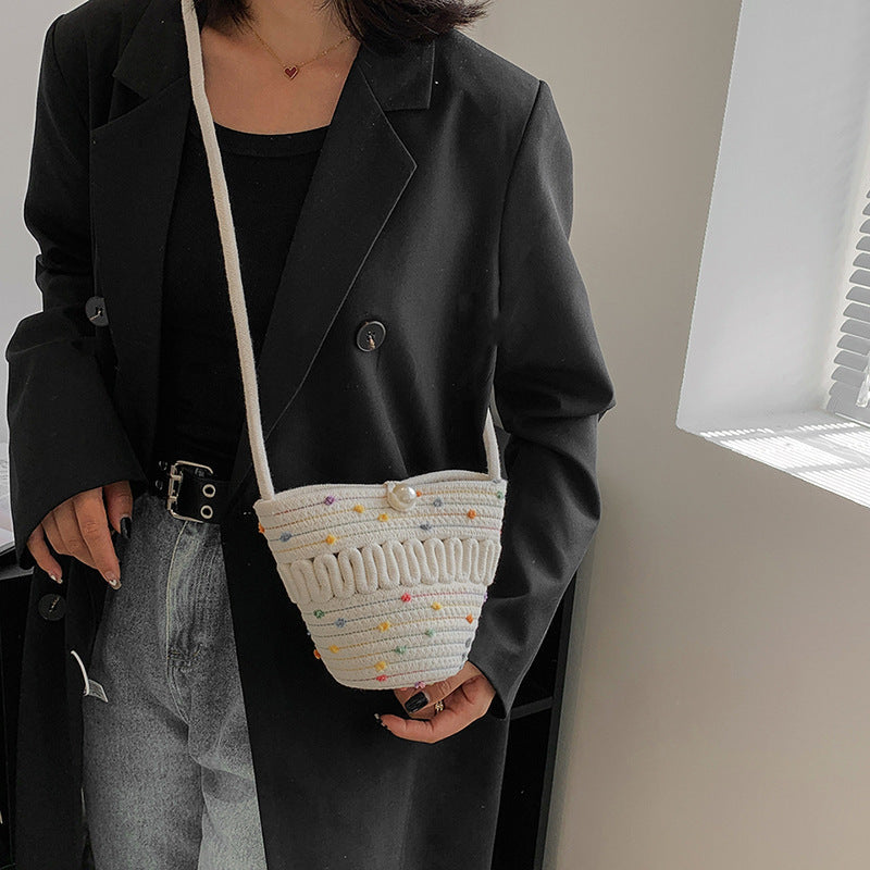 Crossbody Straw Bag Cotton Thread Woven Bag Mobile Phone Change Key Case Hollow Out Cutout Cotton Thread Woven Bag Casual Cute Women EaseWoven
