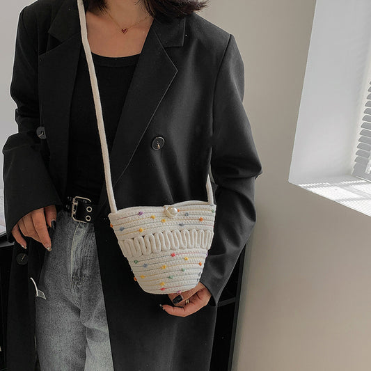 Bolso bandolera de paja tejido con hilo de algodón, funda para teléfono móvil, funda para llaves, bolso tejido con hilo de algodón con recortes, bolso informal y bonito para mujer 