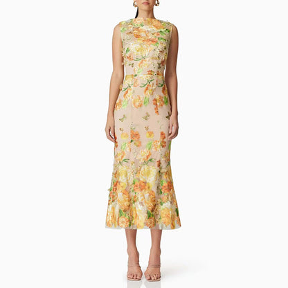 Heavy Industry High Sense Dress Color Embroidery Three Dimensional Floral Slim Fit Figure Flattering Maxi Dress