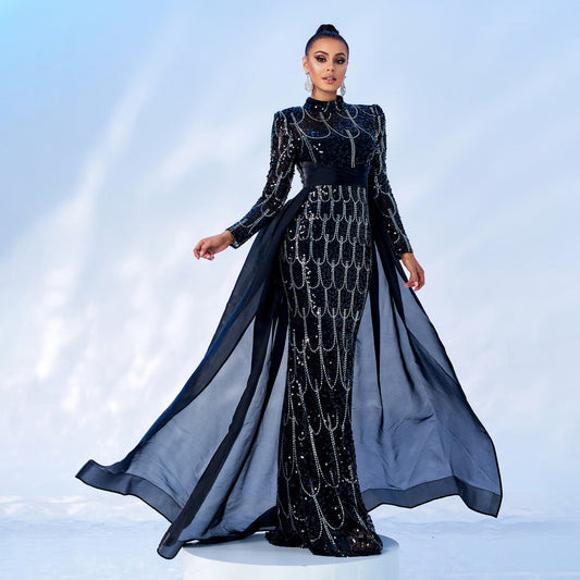 Robe de soirée longue à manches longues et col rond, cape à sequins et queue de sirène, robe de demoiselle d'honneur pour femme
