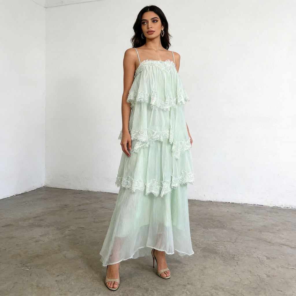 Gentle Sweet Suspender Layered Dress Spring Sleeveless Tube Top Stitching Lace Maxi Dress Ory