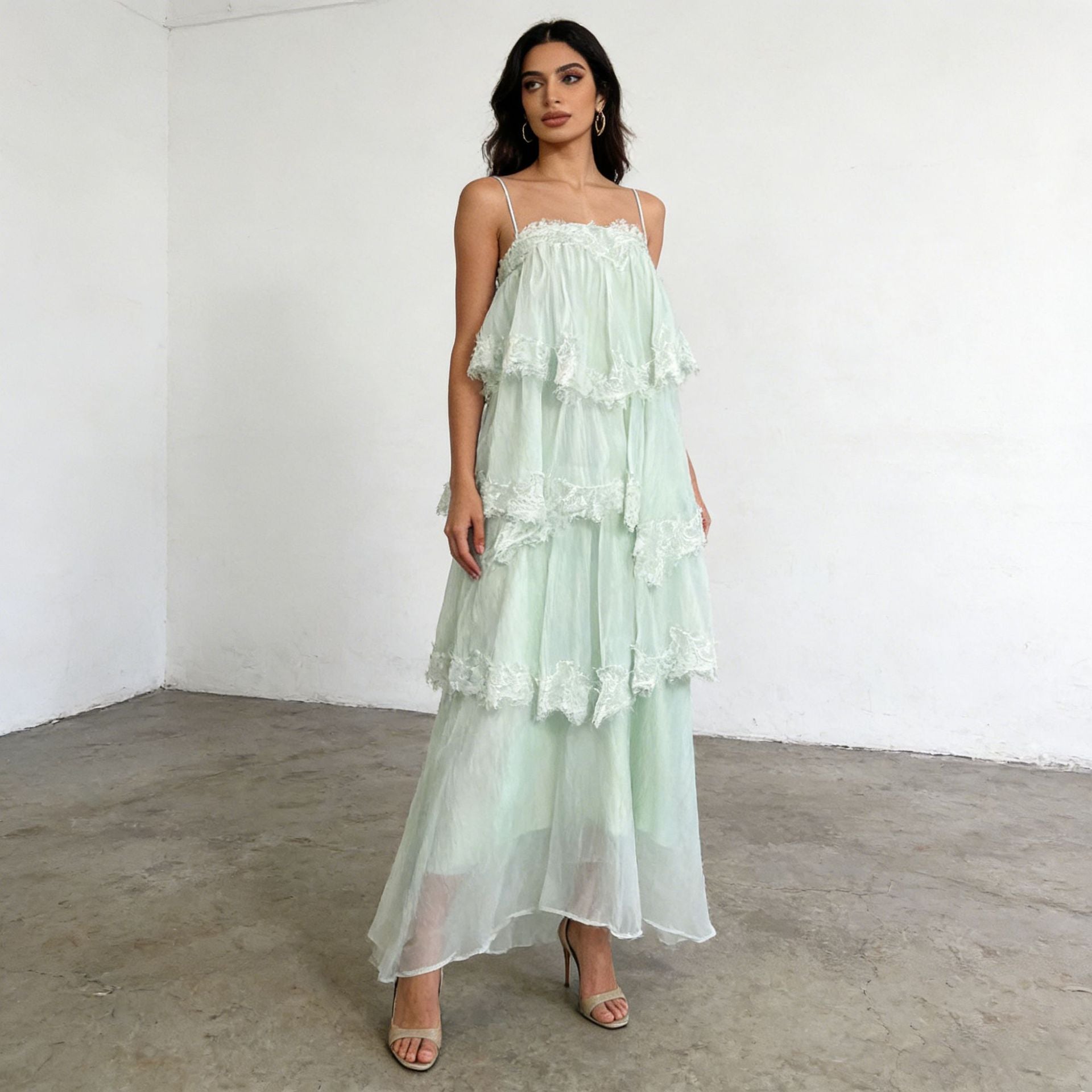 Gentle Sweet Suspender Layered Dress Spring Sleeveless Tube Top Stitching Lace Maxi Dress Ory
