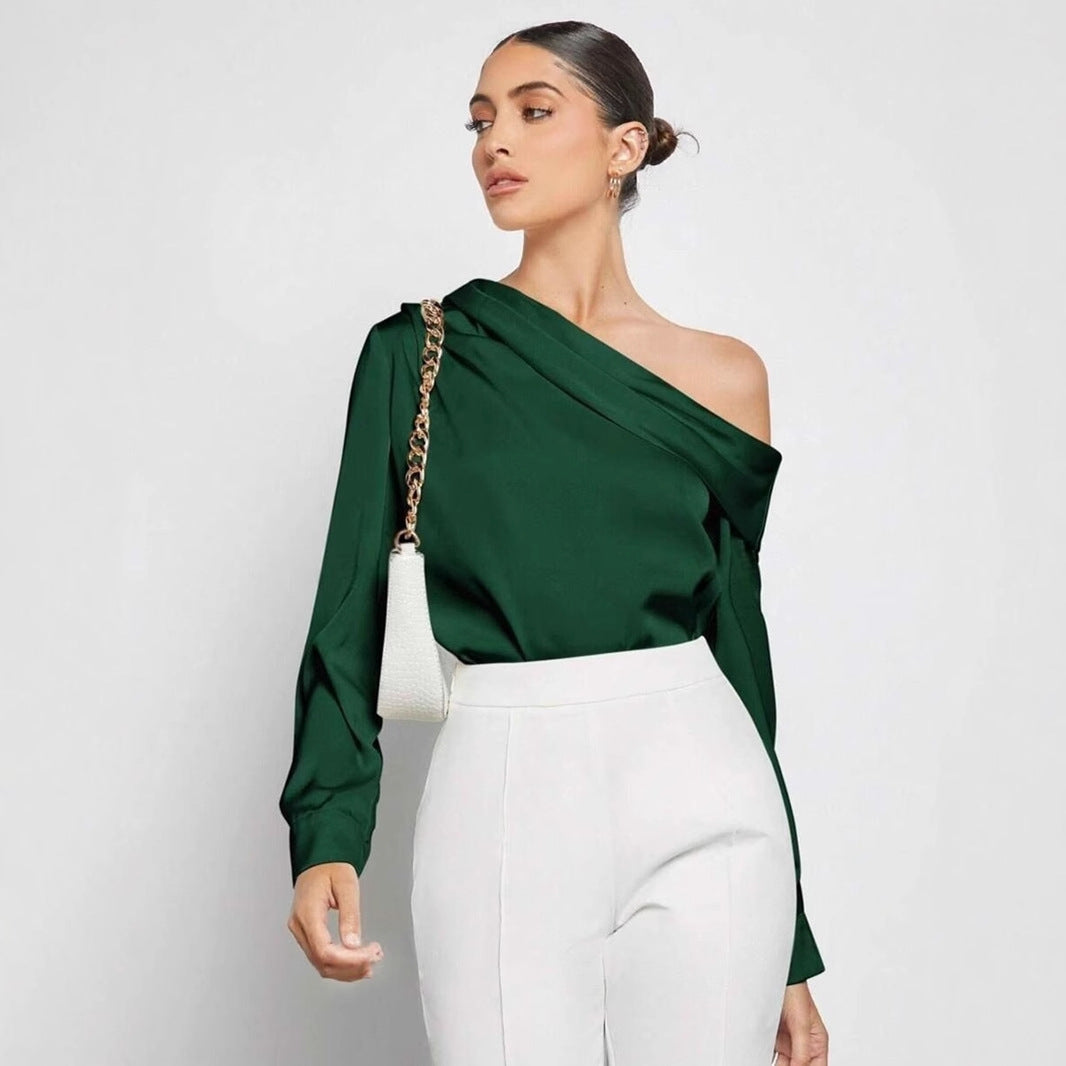 Pleated Satin Shirt Top Spring Summer off the Shoulder Asymmetric Long Sleeve Shirt Women Clothing