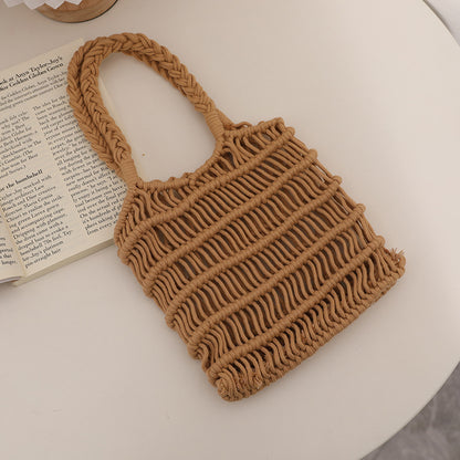 Bolso tejido de hilo de algodón con agujeros, fresco y recortado, bolso de paja de malla para verano, bolso de mujer para vacaciones en la playa. 