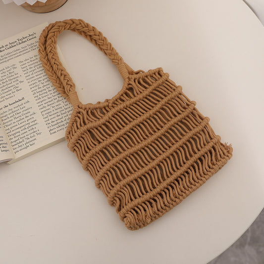 Bolso tejido de hilo de algodón con agujeros, fresco y recortado, bolso de paja de malla para verano, bolso de mujer para vacaciones en la playa. 