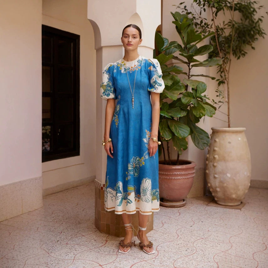 Personalized Floral Lantern Sleeve Waist Controlled round Neck Dress XINXI
