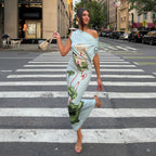 Summer Women Clothing Sexy Oblique Shoulder Collar Tight Waist Thin Looking Cool Printed Sheath Dress Dores