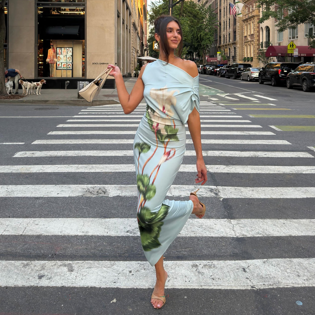 Summer Women Clothing Sexy Oblique Shoulder Collar Tight Waist Thin Looking Cool Printed Sheath Dress Dores