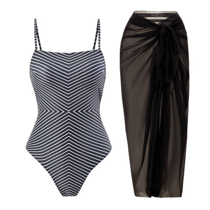 Sexy One Piece Swimsuit Women Bikini Striped Printed Gauze Skirt Swimsuit Bikini