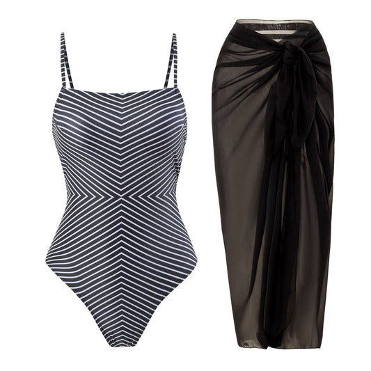 Sexy One Piece Swimsuit Women Bikini Striped Printed Gauze Skirt Swimsuit Bikini