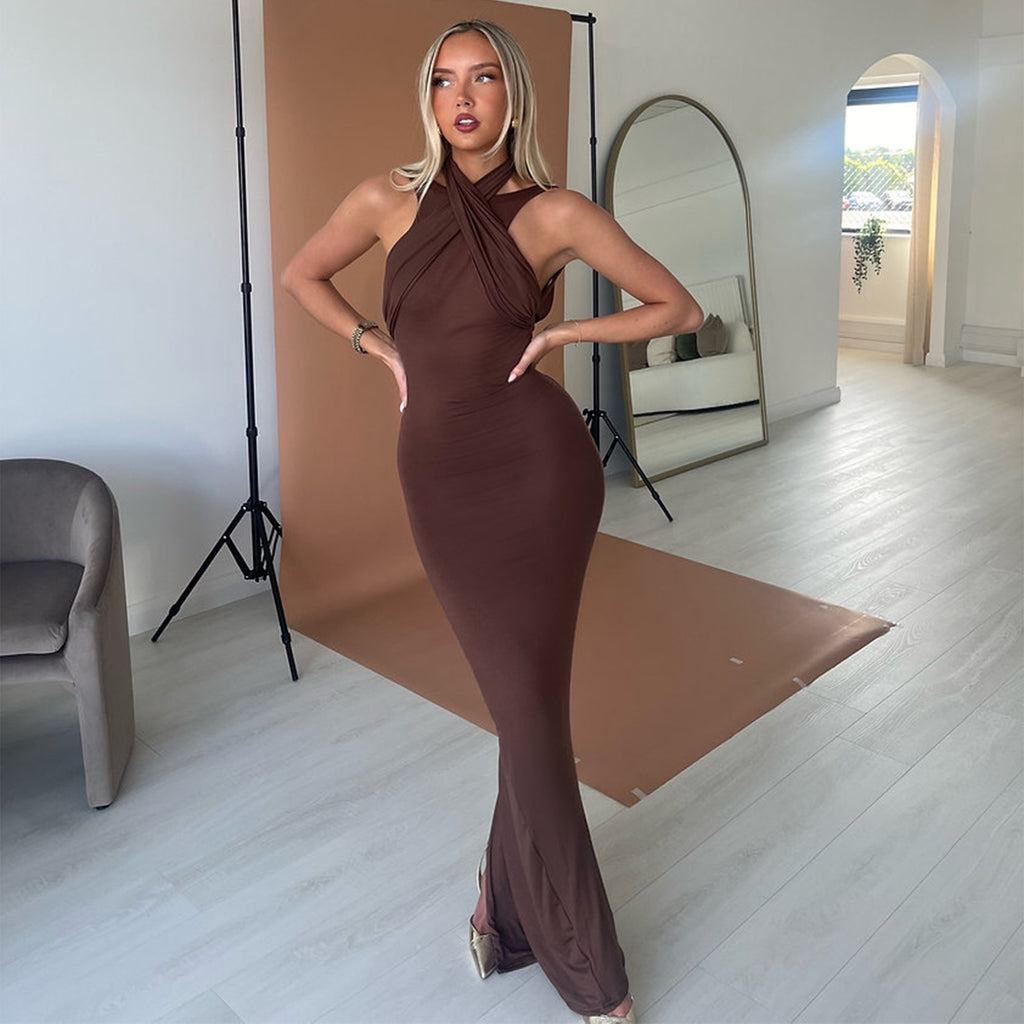 Spring Dress Solid Color Halter Hollow Out Cutout Slim Sheath High Waist Sexy Axey