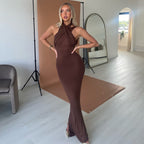 Spring Dress Solid Color Halter Hollow Out Cutout Slim Sheath High Waist Sexy Axey