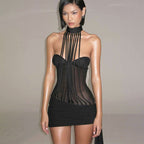 Vestido tubo ajustado con espalda descubierta y costuras de malla sexy para mujer Otoño Invierno