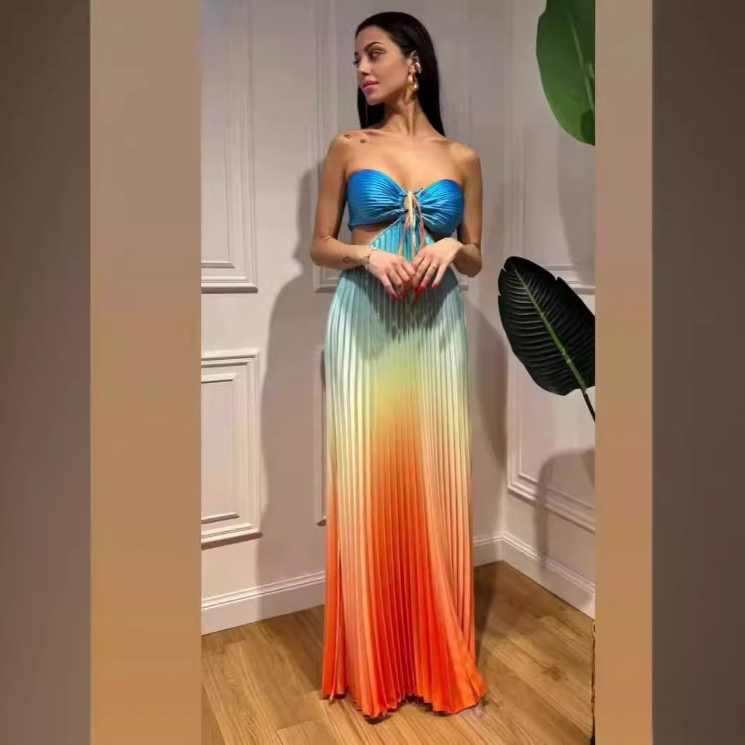 Personalized Summer Gradient Color Halter Pleated Long Women Dress Lyncent