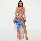 Robe pour femme à col diagonal, découpes ajourées et imprimé floral en maille transparente