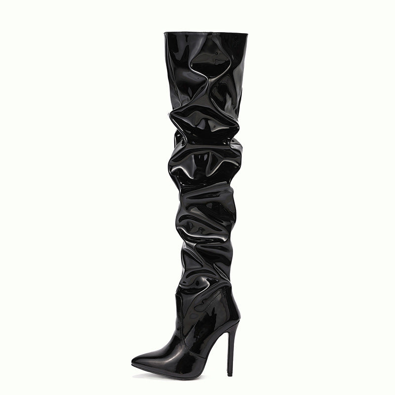 Spring Summer Catwalk Show Patent Leather Slimming Pointed Stiletto Heel Women High Heel Boots Euseen
