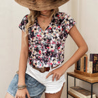 Women Clothing Elegant T shirt Short Sleeved Shirt V neck Tropical Printing Top Rogan
