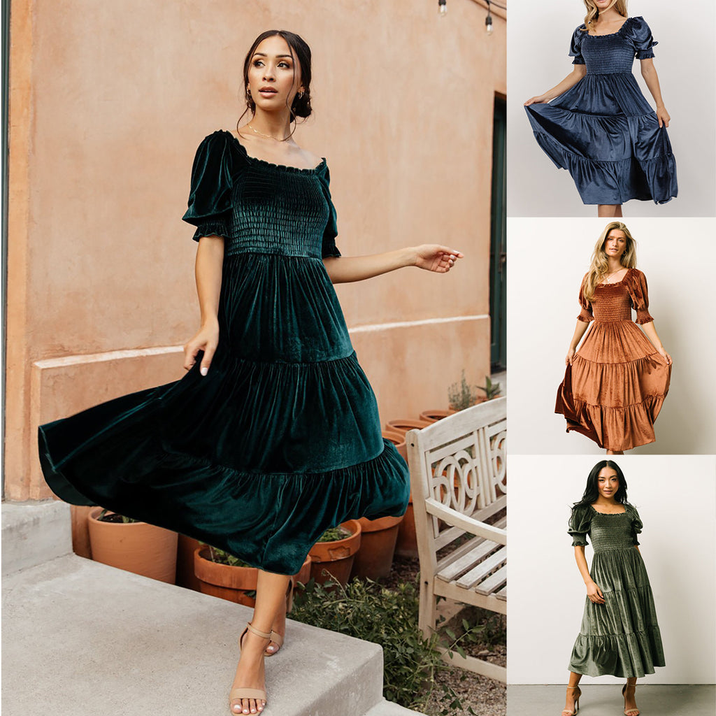 Spring Summer Gold Velvet Square Collar Ruffles High Waist Tight Office Dress DREAMCHIN