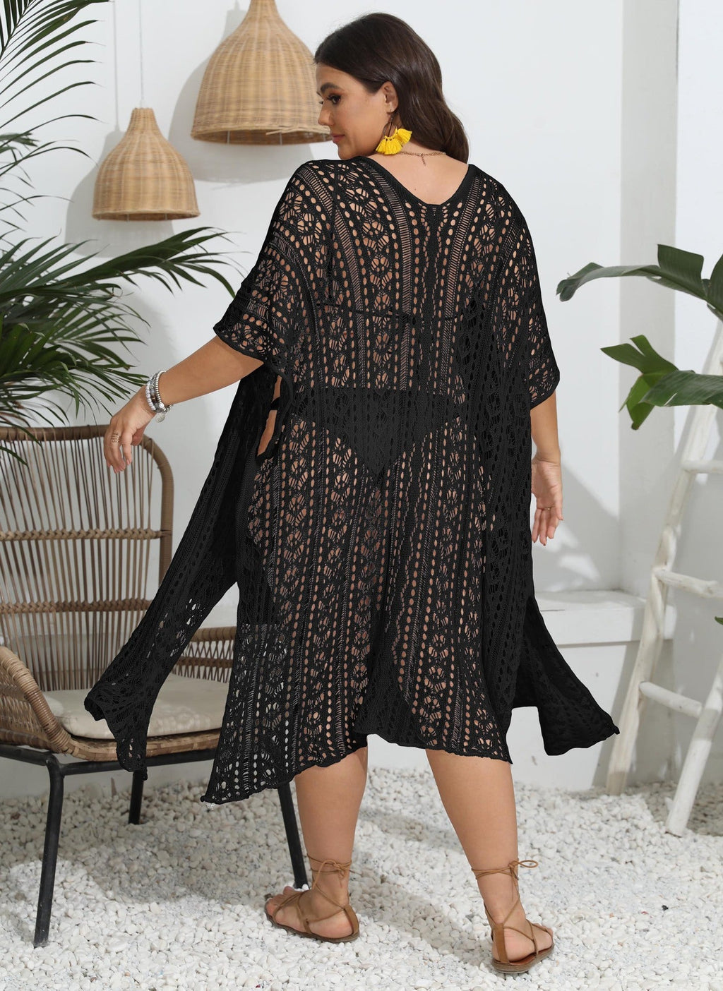 Women Coat Women Clothes Sexy Cutout Woven Bikini Cover Up Short Sleeved Cardigan Oyimi