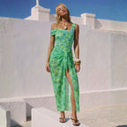 Swimsuit One Shoulder Green Fresh Holiday Floral Print One Piece Swimsuit Set ShineRealm