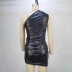 Women Clothing Summer Sleeveless Shoulder Pleated Waist Tight Sheath Dress
